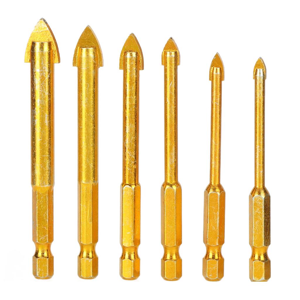 6Pcs Masonry Drill Bits Set Golden Carbon Steel YG6 Alloy Glass Drills Bit 14in Hex Shank