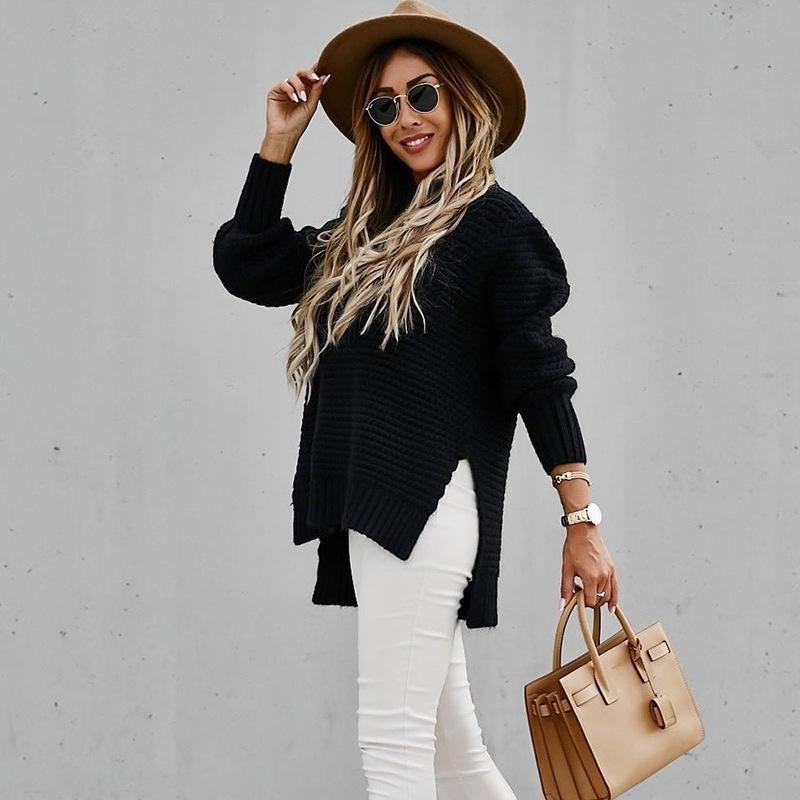 2025 Autumn/Winter Women's Chunky Knit Side-Slit Sweater: Semi-High Neck, Loose Fit, Solid Color, Long Sleeve.