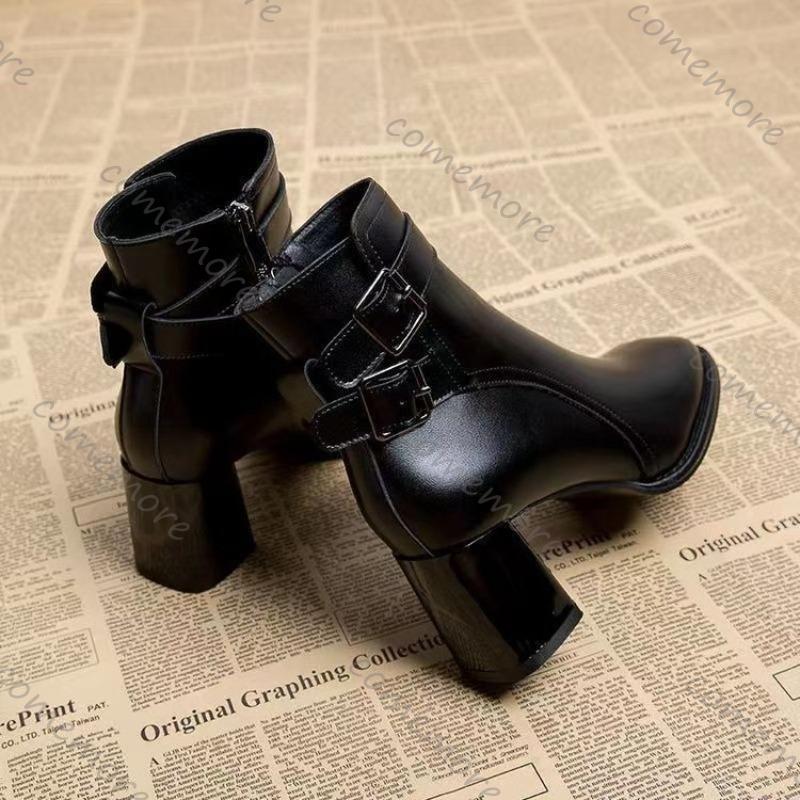 Fashion Comemore Temperament Fashion Women Boots Black High Heel Round Toe Ankle Boots for Women Autumn Winter Belt Buckle Short Booties