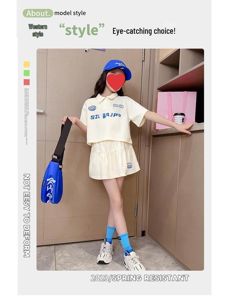 Girls' Summer 2024 Polo Collar Letter Top & Pants Set