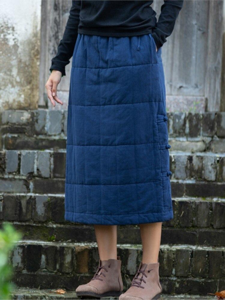 Johnature Frauen Vintage Baumwolle Leinen Röcke Elastische Taille Einfarbig Kleidung Herbst Winter Plus Baumwolle Taste Warme Röcke