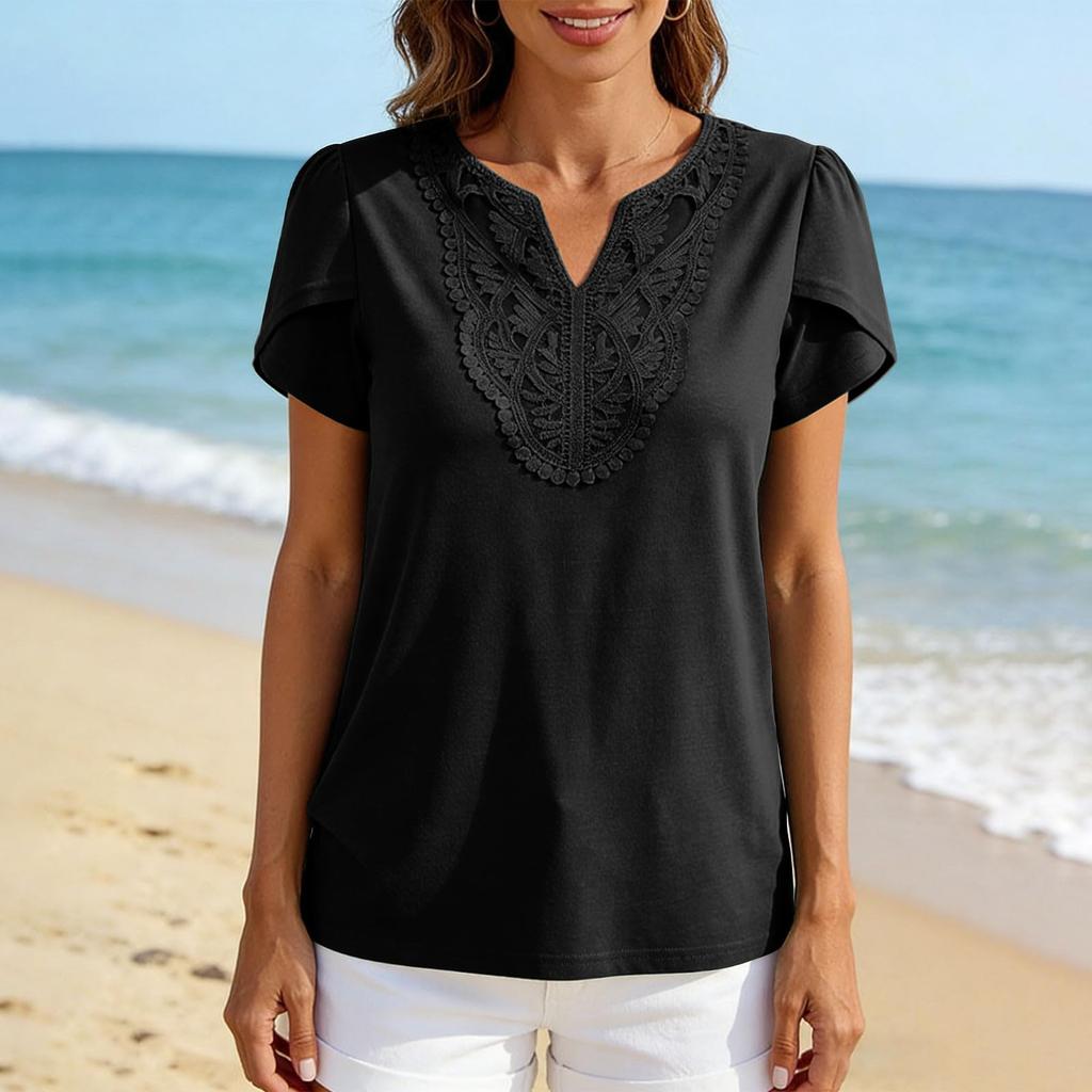 Women Loose Lace V Neck Dressy Business Casual Tops Blouses Elegant Petal Sleeve Shirts