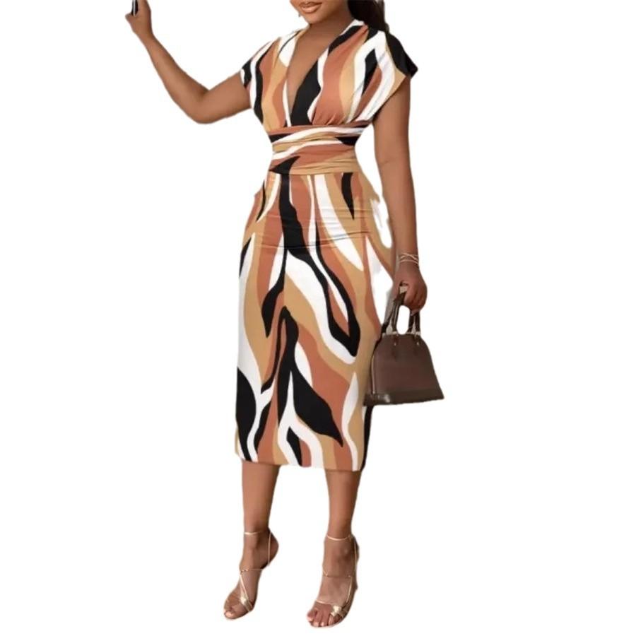 Popular, New Simple V-neck Hip-wrapped Printed Dress Women's Clothing