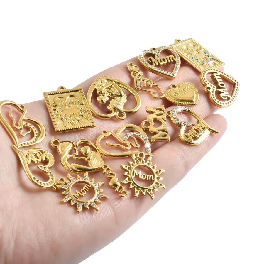 5pcs Love Mom Child Charm Heart Stainless Steel Pendants For Jewelry Making Supplies Mother's Day Rhinestone DIY Materials Craft