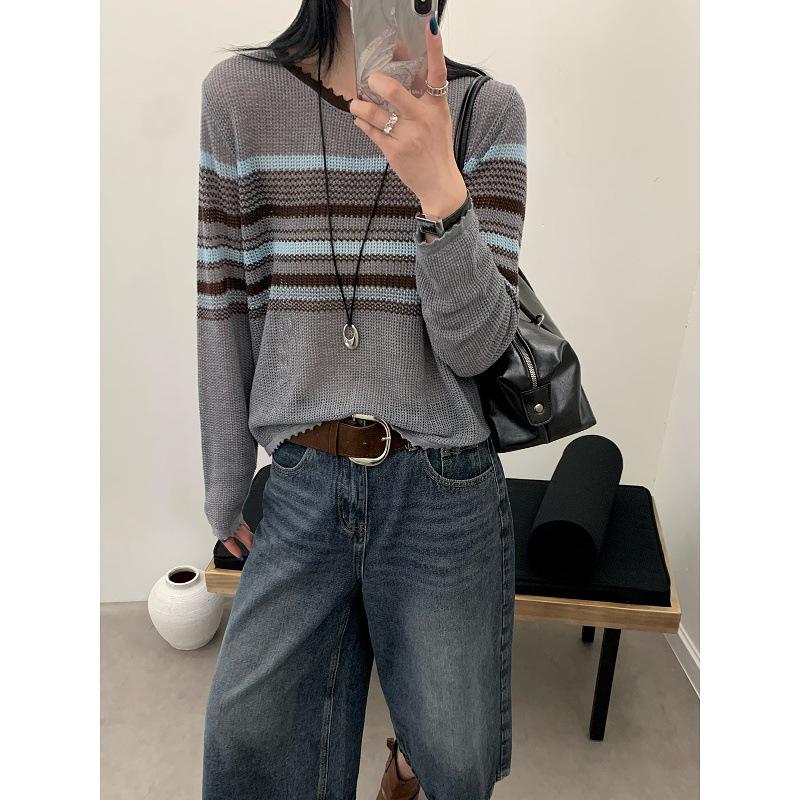 Chic Korean-Style Striped Knit Sweater for Women - 2025 Long Sleeve Hollow Out Top