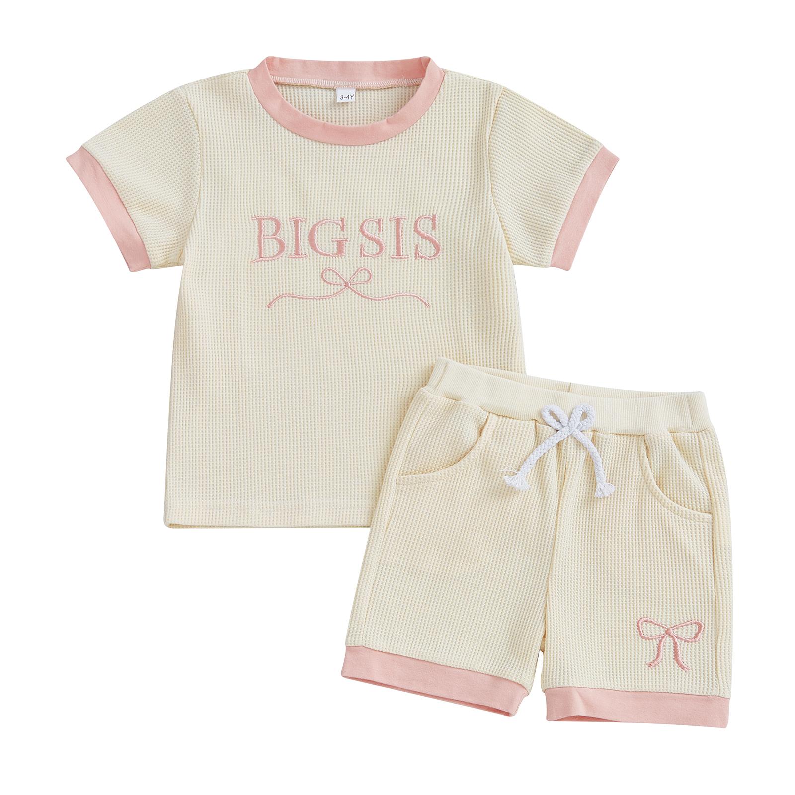

Sister Matching Outfits Short Sleeve O Neck Letter Embroidery Tops Bow Embroidery Shorts Sets 4-5 Years