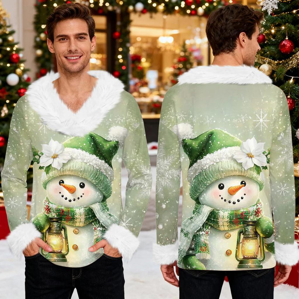 Męska bluza z kapturem z nadrukiem świątecznym, podszyta polarem | Sweter imprezowy z imitacją obszycia i kieszenią | Duży rozmiar, luźny krój, świąteczny pulower