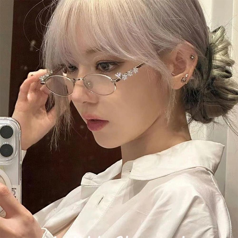 Elegant Metal Frame Oval Glasses with Sparkling Rhinestone Decorated Plano Glasses