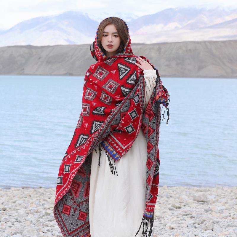 Yunnan Dali Ethnic Style Women's Warm Hooded Scarf Cloak