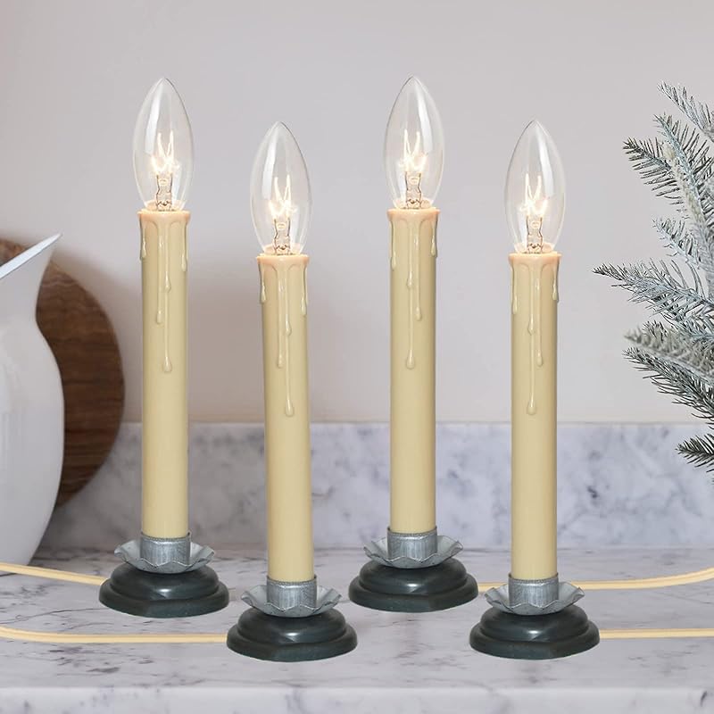 SUNSGNE Set of 4 Electric Window Candles, 7 Inch Plug in Window Candle Lamps with 7 Watt C26 Bulbs, Electric Candles with Black Wood Plum Iron Base,
