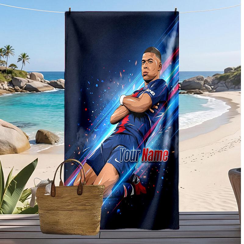 Asciugamano da Spiaggia Personalizzato Stampato Kylian Mbappe Logo Calcio Supporto Nome Personalizzato Testo Asciugamano Assorbente Per Sport Viaggio Regalo Speciale