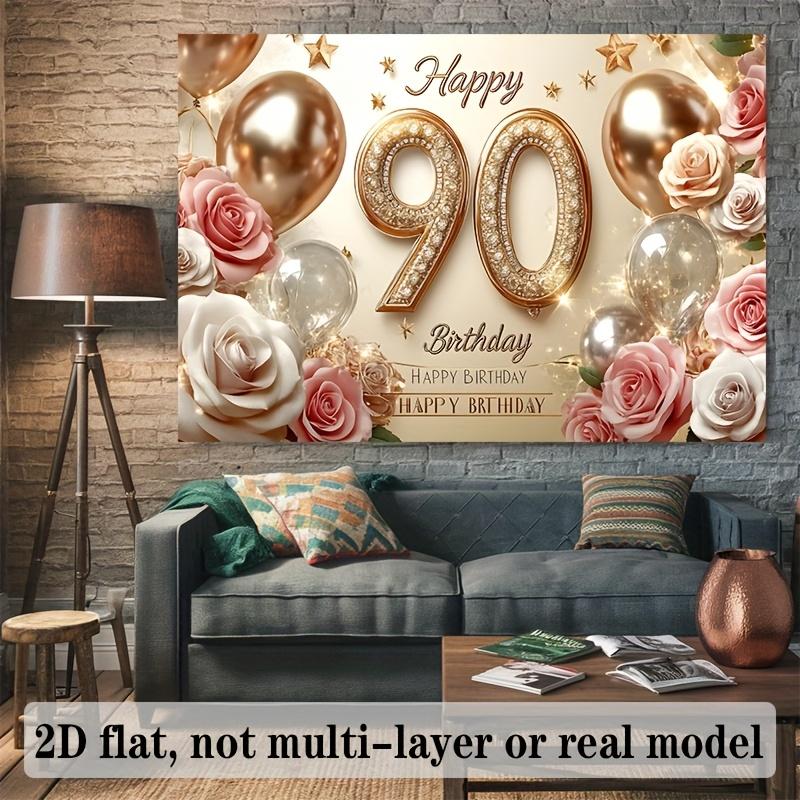 2D Flat 1 90th Birthday Party Polyester Background - Elegant Gold and Pink Balloons Rose Design Birthday Party Decoration