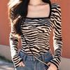 Plus Size Velvet Zebra Print Square Neck Long Sleeve Women's Top - Slimming & Flattering Spring/Autumn/Winter Base Layer