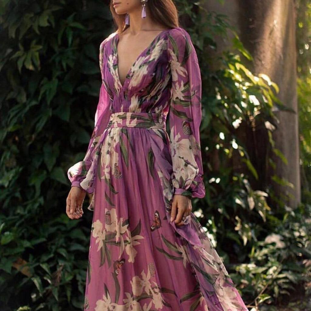 2025 Summer Women's V-Neck Long-Sleeved Printed Swing Dress