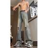 Retro Blue Ripped Jeans Men's High Waist Summer Vintage Vintage Pants American Vibe Scimitar Micro-pull Pants