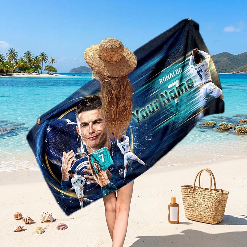 Cristiano Ronaldo Custom Beach Towel, Personalized Name Text Print, Football Logo Soft Quick‑Dry Towel Holiday Gift