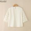 ZANZEA Women Casual Round Neck 3/4 Sleeve Loose Patchwork Lace Blouse