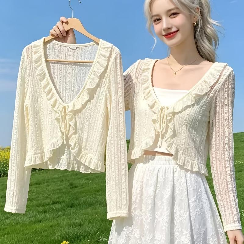 Women's Cardigan Jacket, Summer Lightweight Breathable Lace Tie Shawl, Fashionable Versatile Short Cardigan Jacket, Outerwear for Slip Dresses