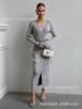 Women's V-Neck Knit Dress with Metal Buttons and Waist Belt, Side Slit, Casual Elegant Long Sleeve Sweater Dress