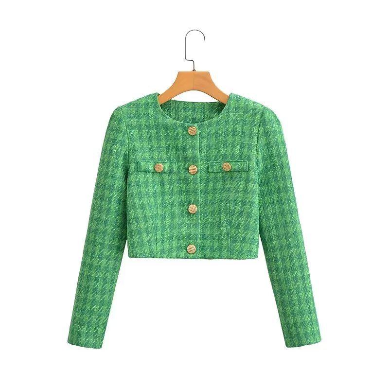 

2023 Приталенный однобортный пиджак в клетку M зелёный