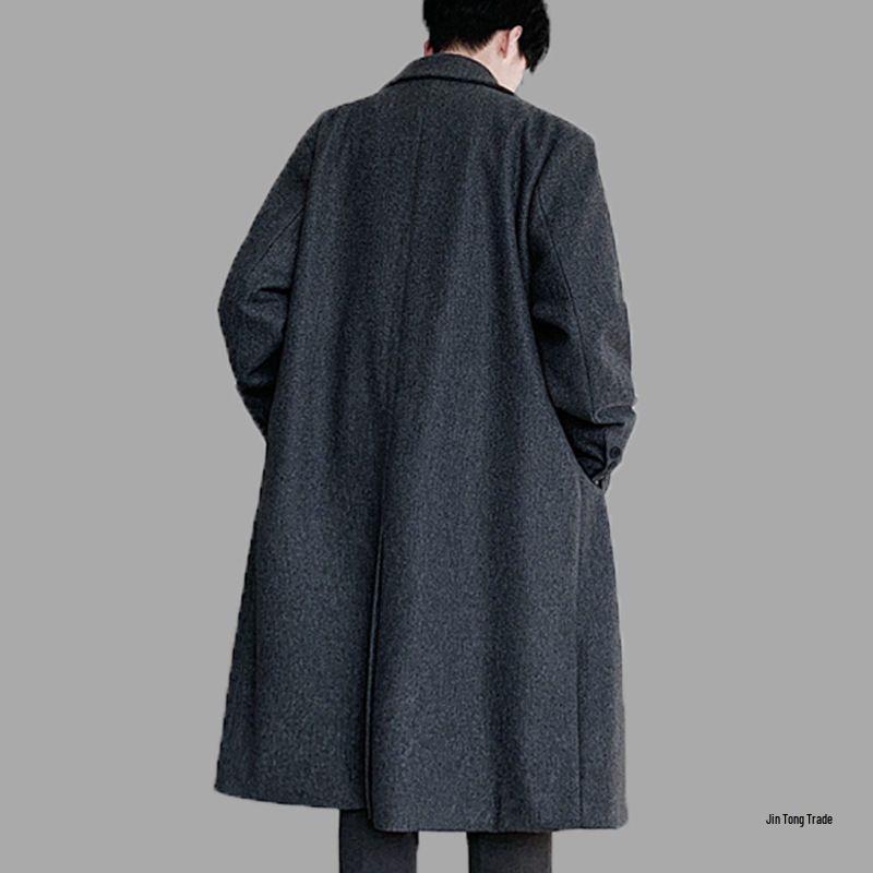 Męski casualowy wełniany płaszcz trencz w stylu koreańskim - zimowa kurtka średniej długości za kolano