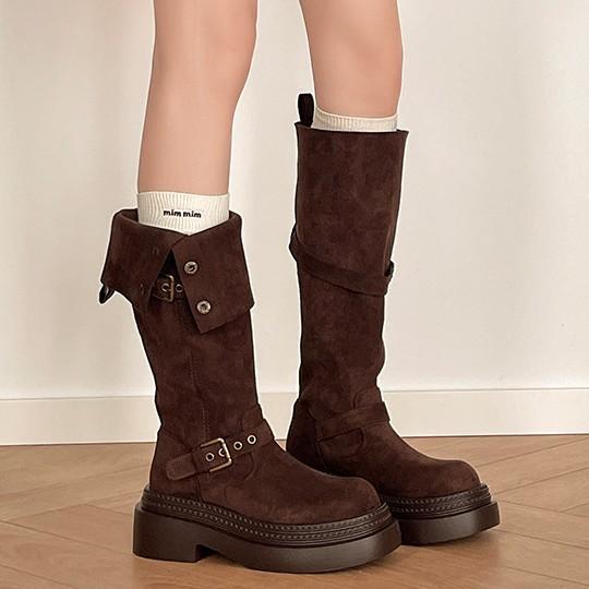 Retro buckle two wear folded thick-soled boots children's autumn and winter design sense fashion suede thick heel knight boots
