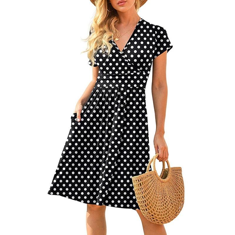 Fashionable New Women's Dress, V-neck Short-sleeved Printed Pockets, Elegant and Versatile