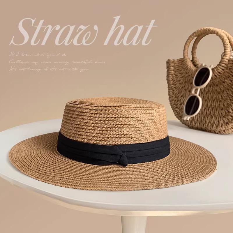 Flat top straw hat women's summer sunshade big head circumference flat brim seaside beach vacation top hat sunscreen sun hat