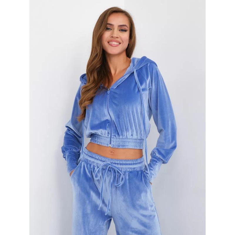 Women Casual Solid Color Zip Up Hooded Sweatshirt Wide Leg Pants Two Piece Set