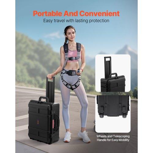 VEVOR 2.5 Cu.ft Weatherproof Hard Case, Waterproof Hard Case with Rolling Wheels and Retractable Pull Handle