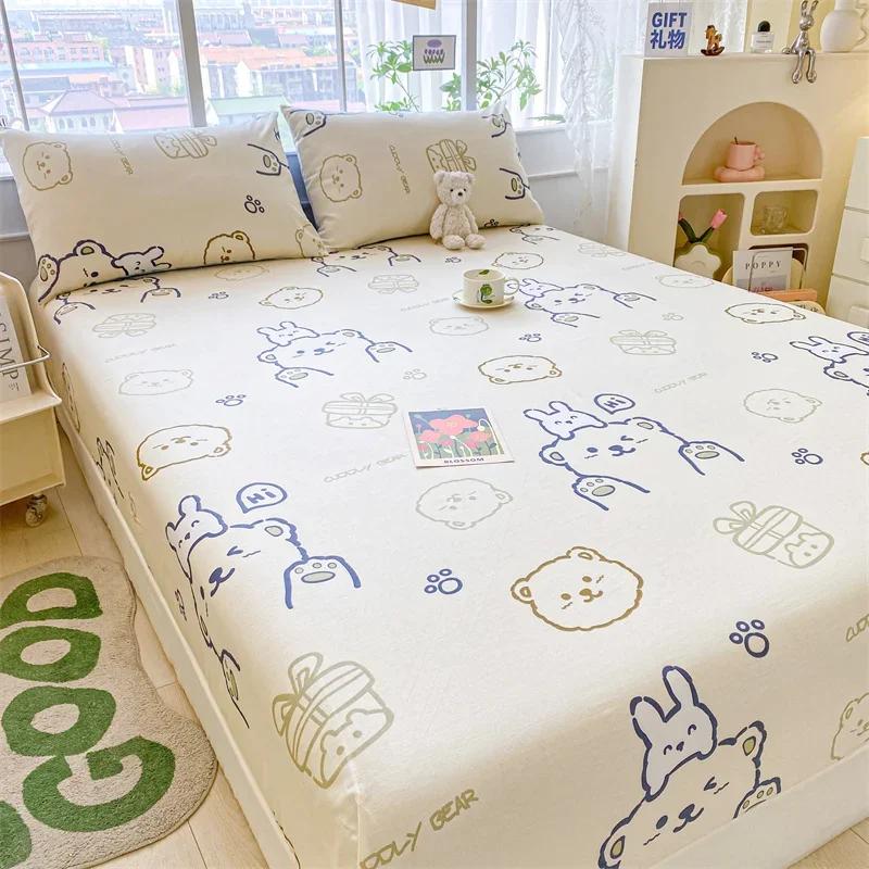 Kawaii Bear and Rabbits Printed Fitted Sheet Set Pure Cotton Cartoon Animals Mattress Cover for Kids Boys Girls Bedroom Decor