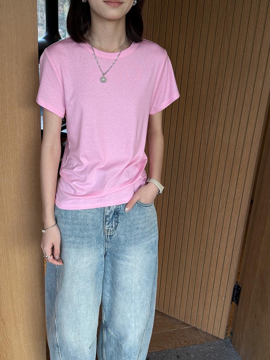 Li Nuo Women s Spring/Summer Tencel Linen Short Sleeve Solid T-shirt - 2026 Korean Style One Size