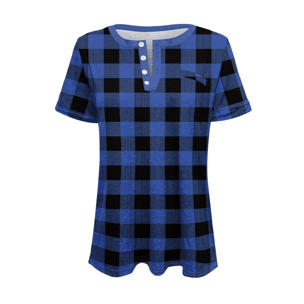 Women's Fashionable Casual Summer Plaid Print V-neck Button Short-sleeved Top