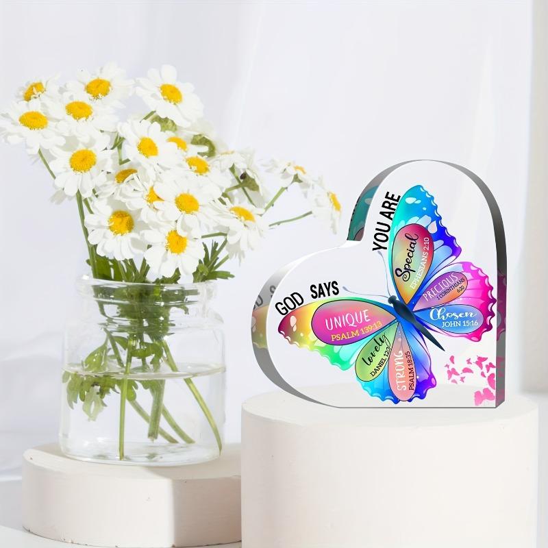 2D Fla Colorful Butterfly Acrylic Heart Decoration Plaque, Inspirational Faith Gift, Suitable for Wall Decoration, Porch, Room, Villa, Accents Home, H