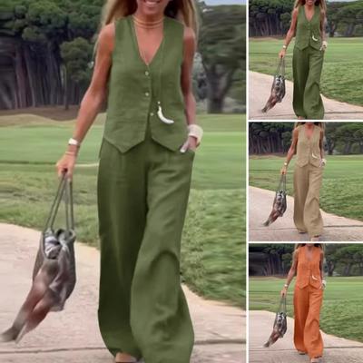 Conjunto de 2 peças/conjunto de calças colete femininas sem mangas com decote em V, top com elástico na cintura, bolsos laterais, calças retas, roupas casuais de deslocamento, roupa diária