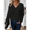 Women V-Neck Long Sleeved Ribbed Striped Sweaters Solid Color Pit Vintage Ladies Knitwears Comfortable Woman Clothing