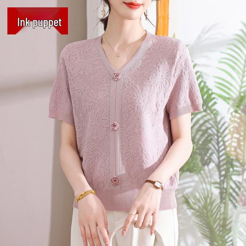 

Women s V-Neck Jacquard Knit Short Sleeve Top 40