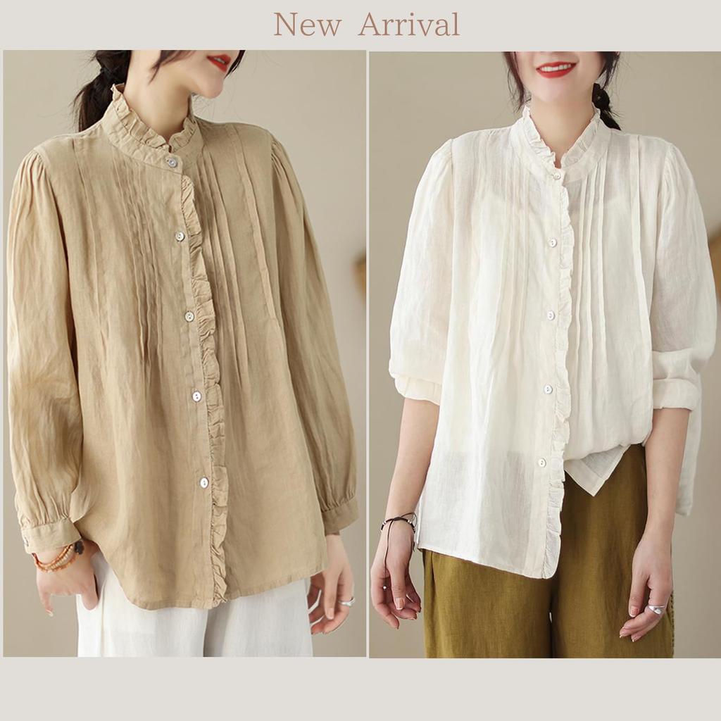 Linen Long Loose Solid Perfect for Everyday Summer [OGCPWYQZ] Women's Shirt, Button-Down Blouse, Sleeve, Stylish, Slimming, Fit, Casual, Stylish,