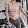 Women's Slim Fit V-Neck Yoga Outfit - Quick-Dry Pleated Short-Sleeve T-Shirt for Pilates, Fitness, and Running.