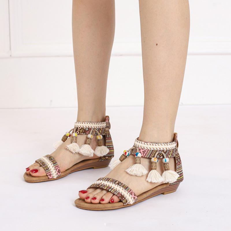 Fashion bohemian fringe ball flat sandals women colorful weaved gladiator sandalias mujer tassel summer shoes zip open sandales size 43