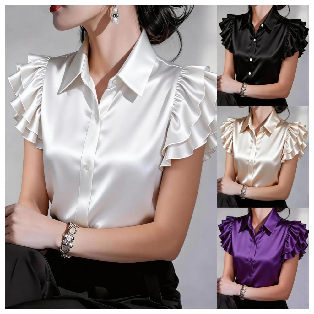 Summer new satin ruffle edge short-sleeved women's solid color casual shirt