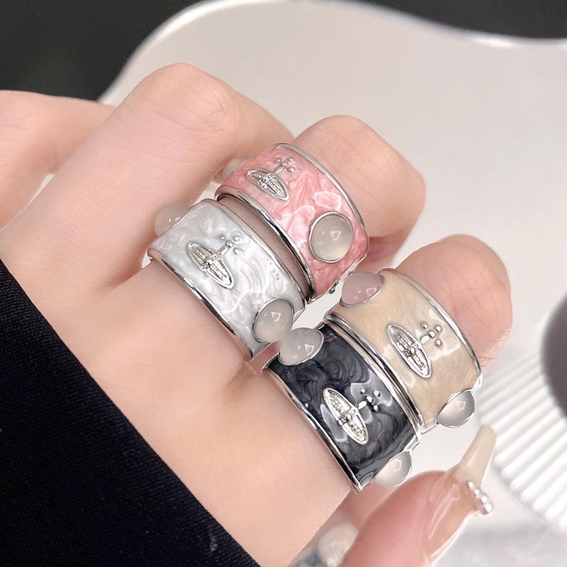 Niche Light Luxury Design Open Ring Light Luxury High Sense Saturn Planet Medieval Enamel Pearl Drop Glaze Ring Female
