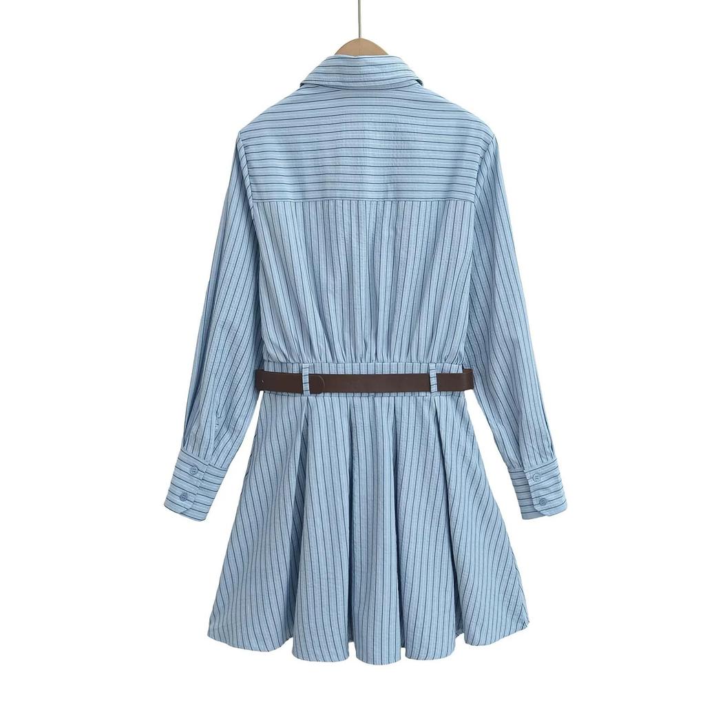 2025 Retro Sweet Spicy Striped Dress with Waistband and Pleated Skirt