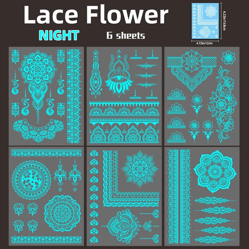 

6 шт. Синяя светящаяся тату-наклейка для девушки, трайбл, белое кружево, тату лотос, мандала, цветок, поддельная бижутерия, кулон, узор, сияющая вода