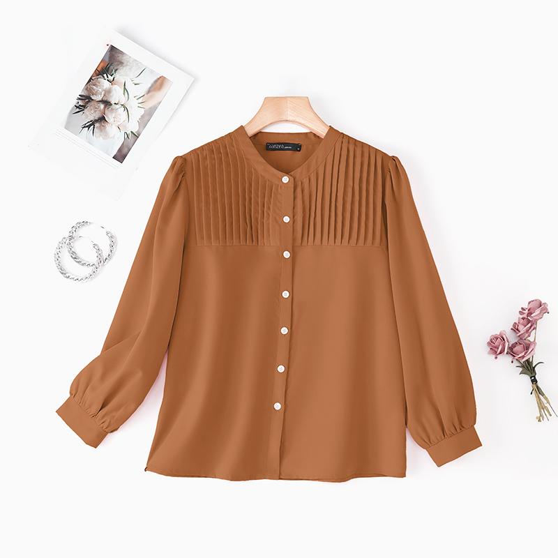 

ZANZEA Женская повседневная блузка с круглым вырезом, однотонная, свободного кроя, с длинным рукавом 5XL