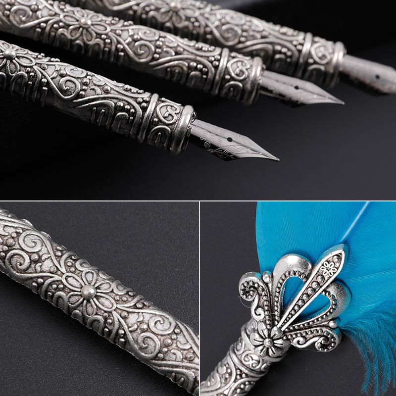 European Retro Feather Calligraphy Set: Oblique Nib Dip Pen with Holder and Ink Engraving