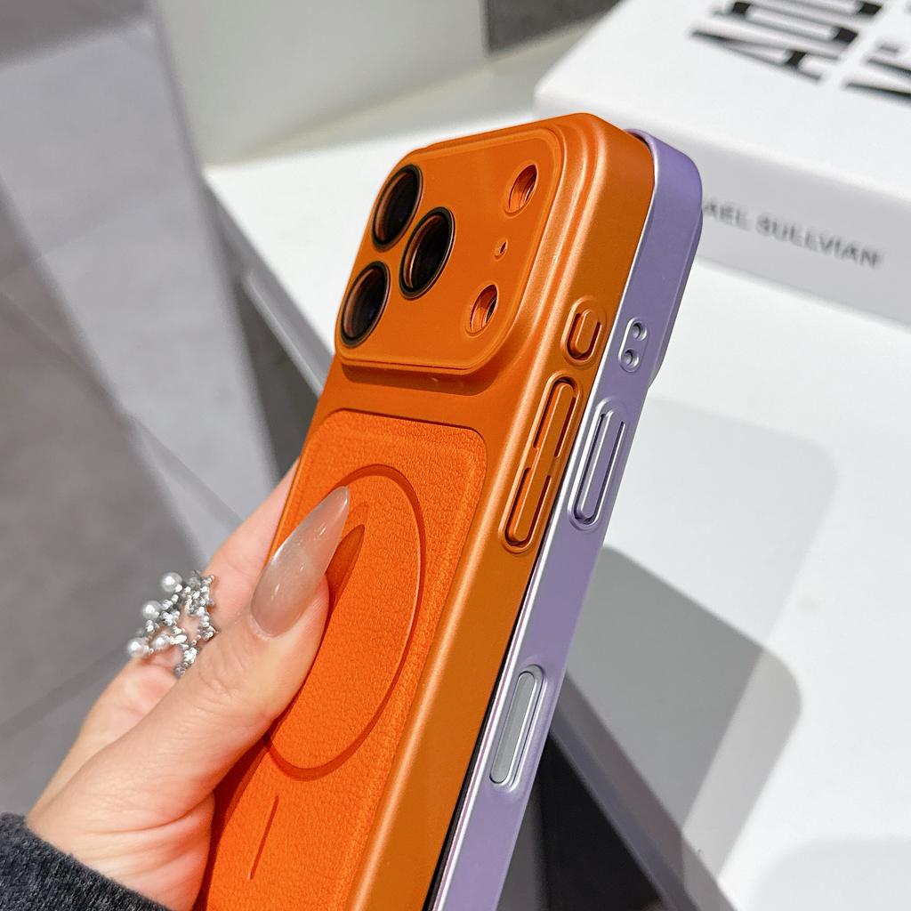 Matte Leder Magnetische Kabellose Lade Handyhülle Für iPhone 13 14 15 16 17 Pro Max Glaslinse Großes Fenster Schutzhülle