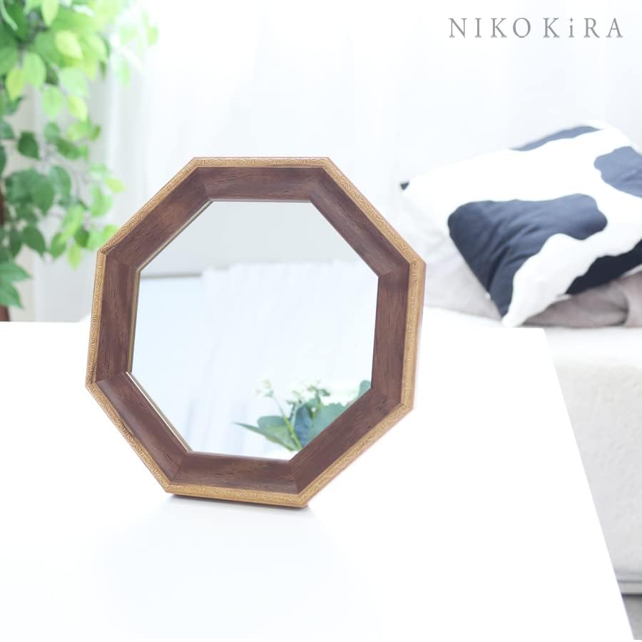 NIKOKIRA Moco Octagonal Tabletop Made in Japan Mirror, Wall-Mounted, 19.5cm, Small, Brown,