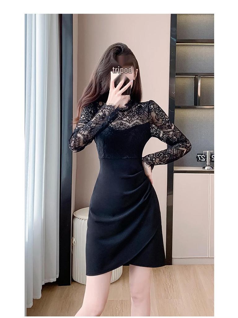Elegant Lace Patchwork Semi-High Neck Dress: Waist-Cinching, Hip-Hugging Short Skirt