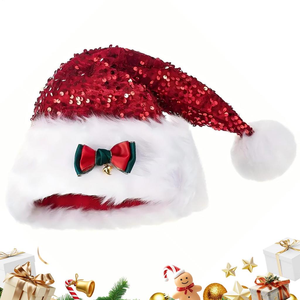 Christmas Hat with Sequins Bow Design Plush Warm Enlarged Thickened Holiday Party Decoration Hats for Women Beanie Winter Hat